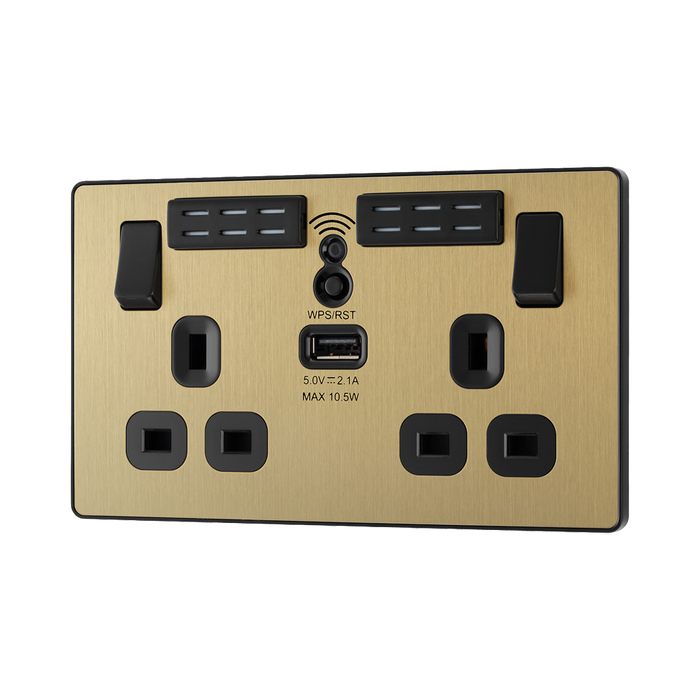 BG Evolve Satin Brass WiFi Extender with 13A double USB Socket PCDSB22UWRB