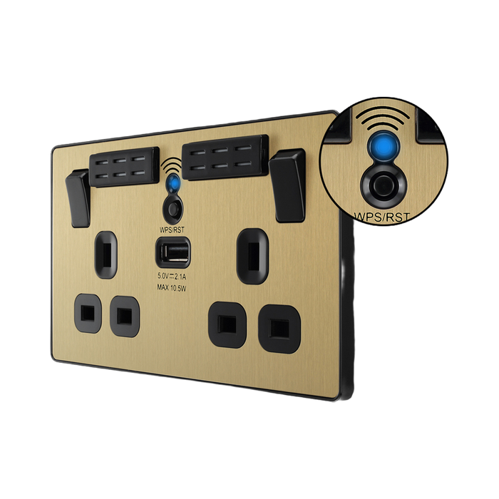 BG Evolve Satin Brass WiFi Extender with 13A double USB Socket PCDSB22UWRB