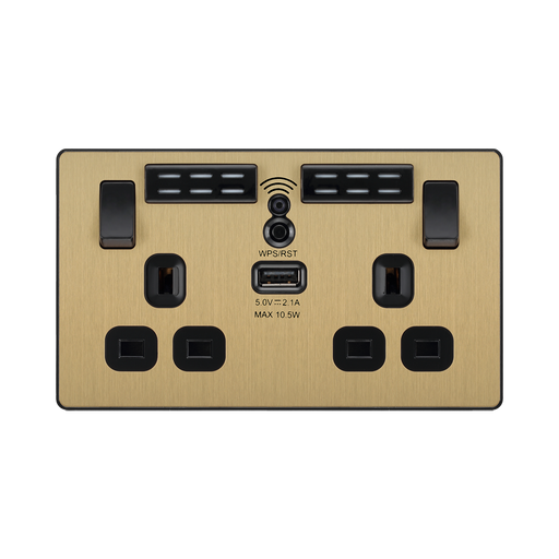Front view of BG Evolve Satin Brass WiFi Extender with 13A double USB Socket