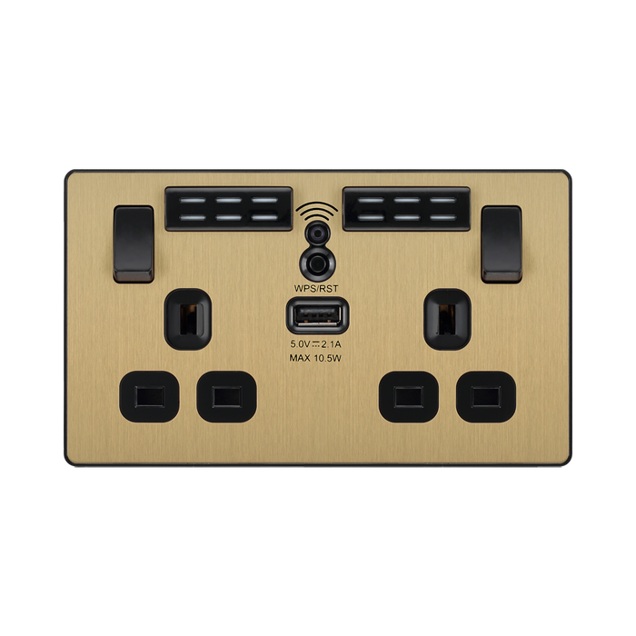 Front view of BG Evolve Satin Brass WiFi Extender with 13A double USB Socket