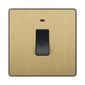 Front view of BG Evolve Satin Brass 20A Double Pole Switch with LED