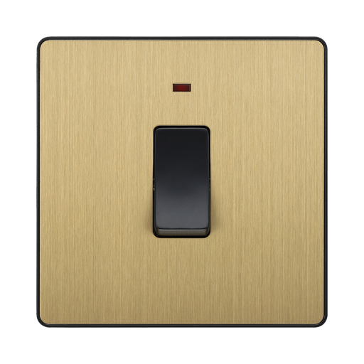 Front view of BG Evolve Satin Brass 20A Double Pole Switch with LED