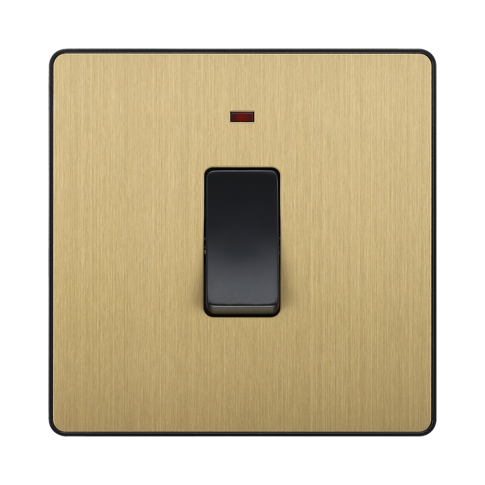 Front view of BG Evolve Satin Brass 20A Double Pole Switch with LED
