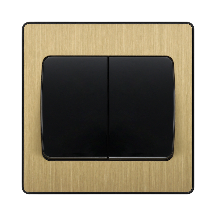 Front view of BG Evolve Satin Brass 2G 2W Wide Rocker Light Switch
