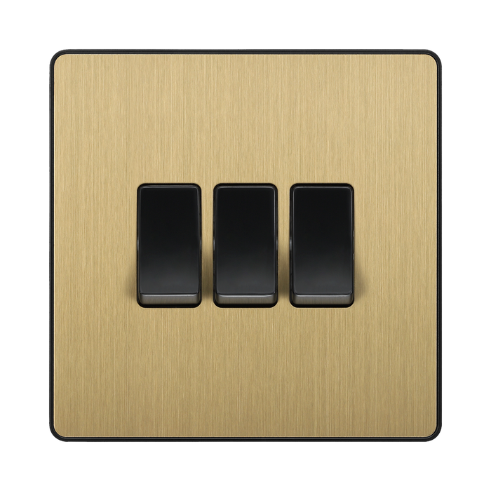 Front view of BG Evolve Satin Brass 3G 2W Light Switch