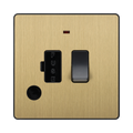 Front view of BG Evolve Satin Brass 13A Switched Spur with LED and Flex Outlet