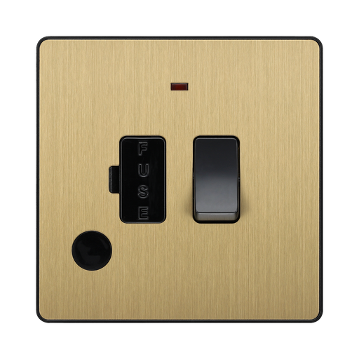 Front view of BG Evolve Satin Brass 13A Switched Spur with LED and Flex Outlet