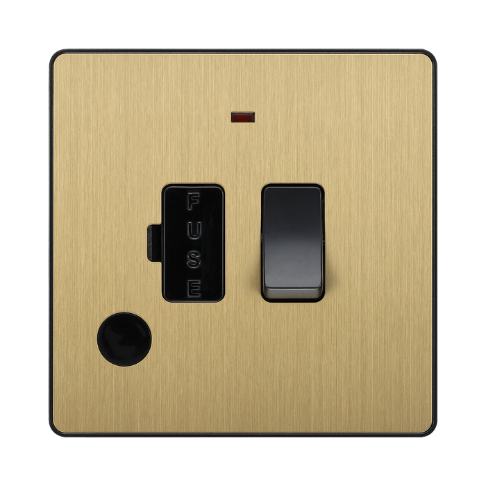 Front view of BG Evolve Satin Brass 13A Switched Spur with LED and Flex Outlet