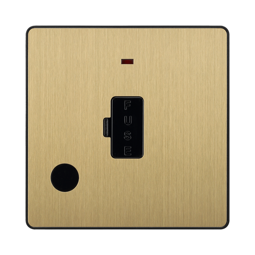 Front view of BG Evolve Satin Brass 13A Unswitched Spur with LED and Flex Outlet