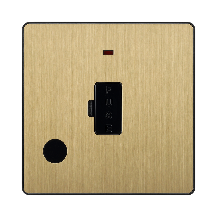 Front view of BG Evolve Satin Brass 13A Unswitched Spur with LED and Flex Outlet