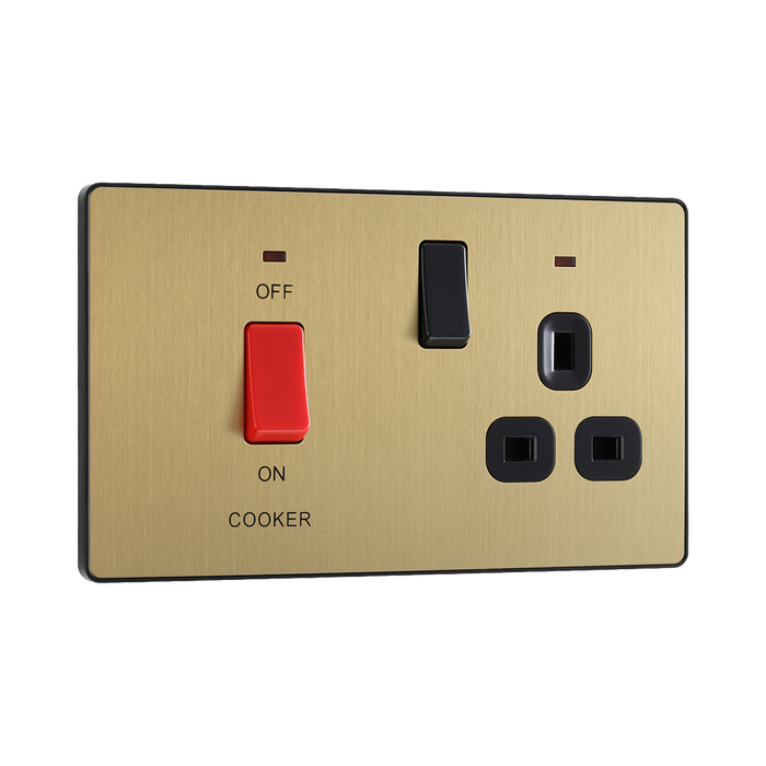 BG Evolve Satin Brass 45A Cooker Switch with double pole switch and LED PCDSB70B