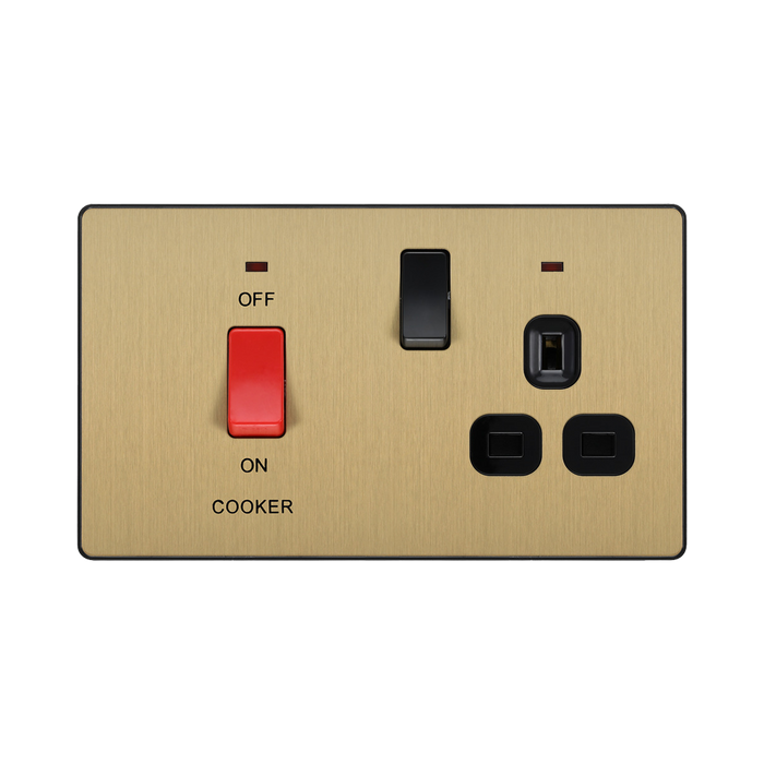 BG Evolve Satin Brass 45A Cooker Switch with double pole switch and LED PCDSB70B