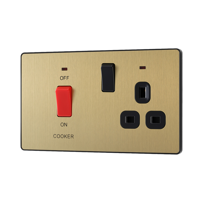BG Evolve Satin Brass 45A Cooker Switch with double pole switch and LED PCDSB70B
