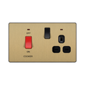 Front view of BG Evolve Satin Brass 45A Cooker Switch with double pole switch and LED