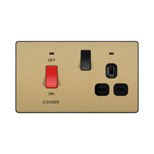 Front view of BG Evolve Satin Brass 45A Cooker Switch with double pole switch and LED