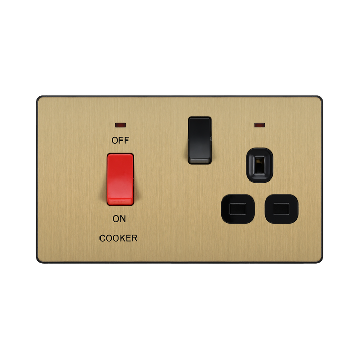 Front view of BG Evolve Satin Brass 45A Cooker Switch with double pole switch and LED