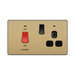 Front view of BG Evolve Satin Brass 45A Cooker Switch with double pole switch and LED