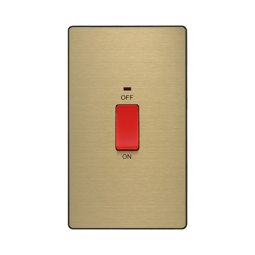 Front view of BG Evolve Satin Brass 45A double pole switch with LED