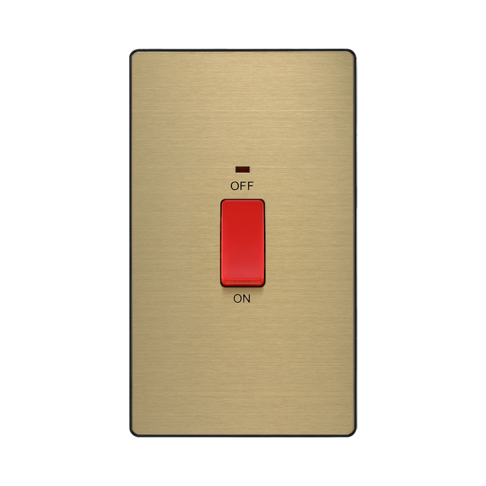 Front view of BG Evolve Satin Brass 45A double pole switch with LED