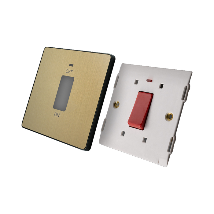 BG Evolve Satin Brass 45A double pole switch with LED PCDSB74B