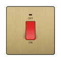 Front view of BG Evolve Satin Brass 45A double pole switch with LED