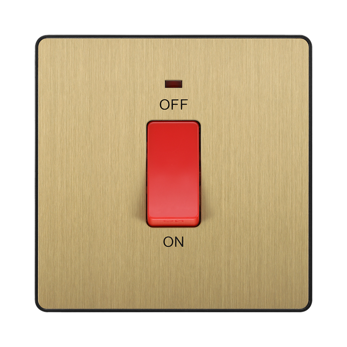 Front view of BG Evolve Satin Brass 45A double pole switch with LED