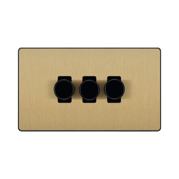 Front view of BG Evolve Satin Brass 3G Dimmer Switch