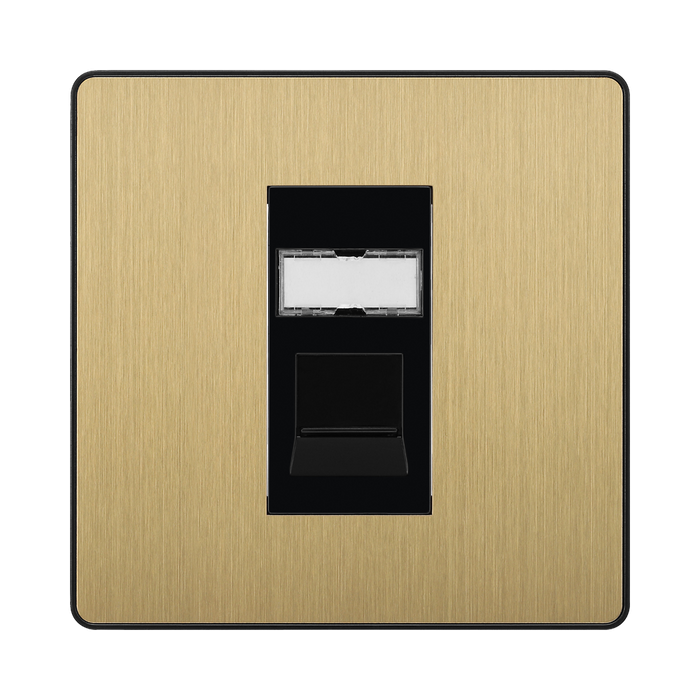 Front view of BG Evolve Satin Brass RJ45 Cat5E Data Outlet