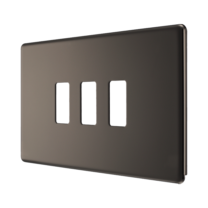 BG Screwless Flat Plate Black Nickel 3 Gang Grid Plate RFBN3 – Angled view