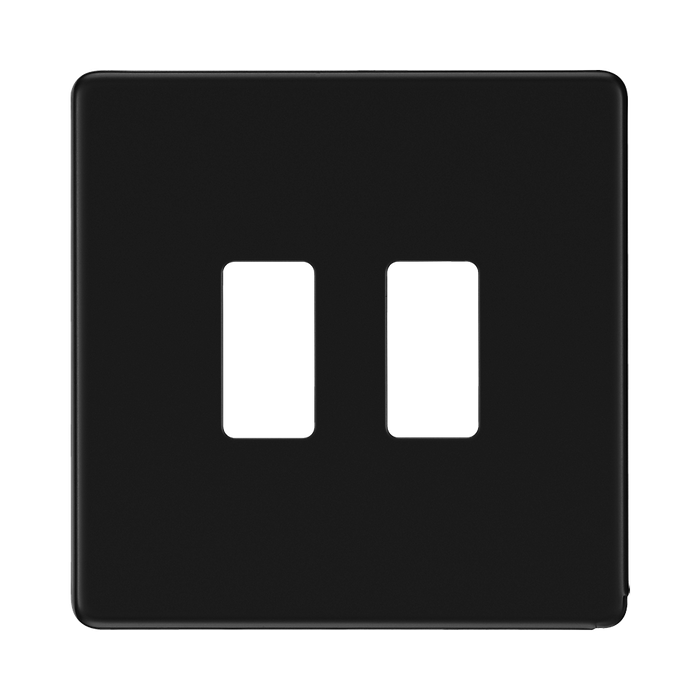 BG Screwless Flat Plate Matt Black 2 Module Grid Plate RFFB2 - front view