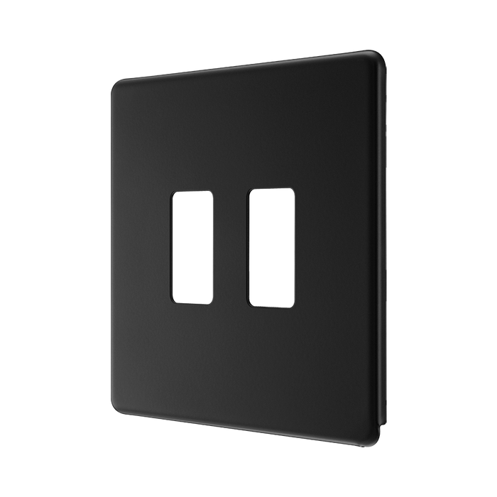 BG Screwless Flat Plate Matt Black 2 Module Grid Plate RFFB2 - angled view