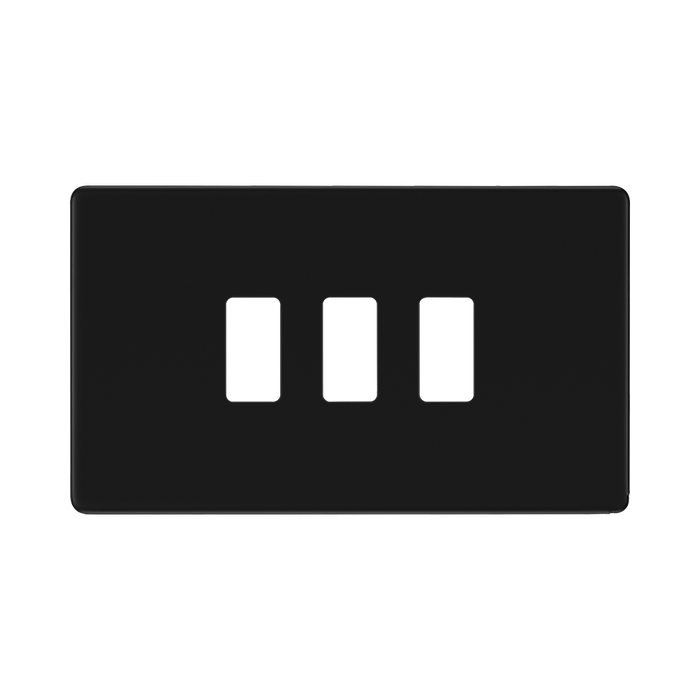 BG Screwless Flat Plate Matt Black 3 Module Grid Plate RFFB3 - front view