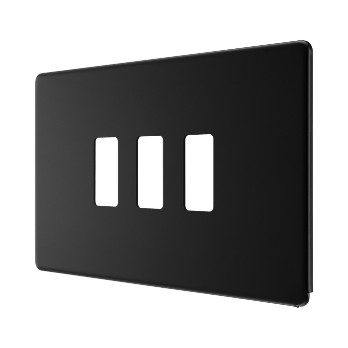 BG Screwless Flat Plate Matt Black 3 Module Grid Plate RFFB3 - angled view