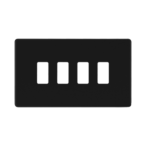 BG Screwless Flat Plate Matt Black 4 Module Grid Plate RFFB4 - front view