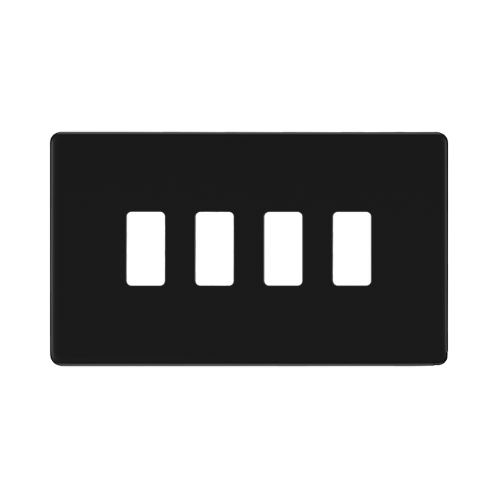 BG Screwless Flat Plate Matt Black 4 Module Grid Plate RFFB4 - front view
