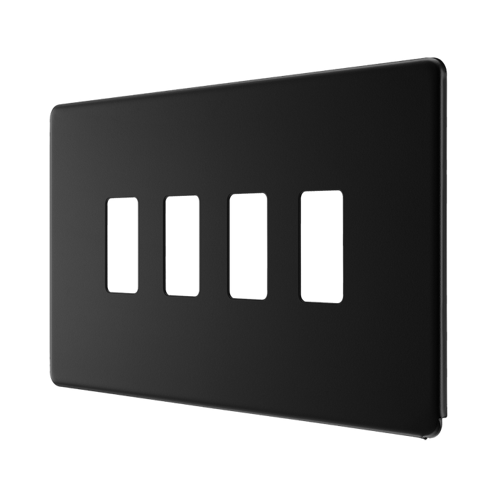 BG Screwless Flat Plate Matt Black 4 Module Grid Plate RFFB4 - angled view
