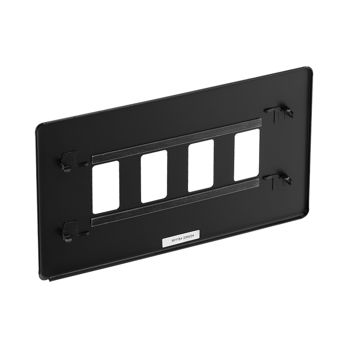 BG Screwless Flat Plate Matt Black 4 Module Grid Plate RFFB4 - back view