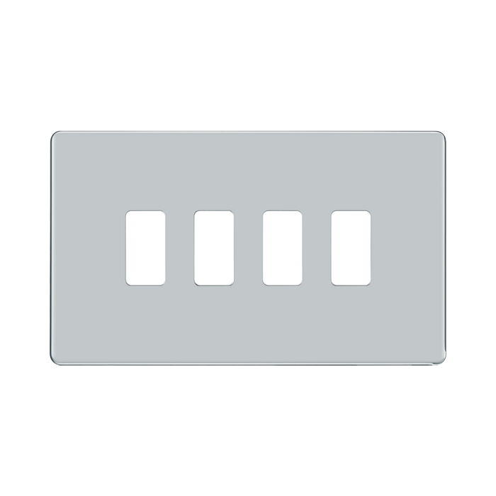 BG Screwless Flat Plate Polished Chrome 4 Gang Grid Plate RFPC4 – Front view