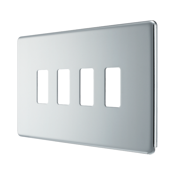 BG Screwless Flat Plate Polished Chrome 4 Gang Grid Plate RFPC4 – Angled view