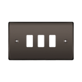 Brown light switch panel with three white rocker switches on a white background