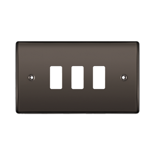 Brown light switch panel with three white rocker switches on a white background