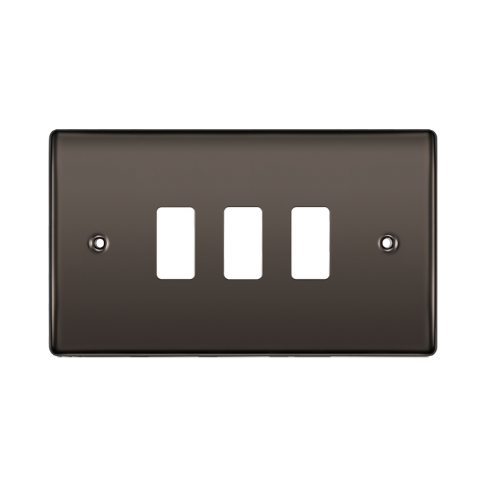 Brown light switch panel with three white rocker switches on a white background