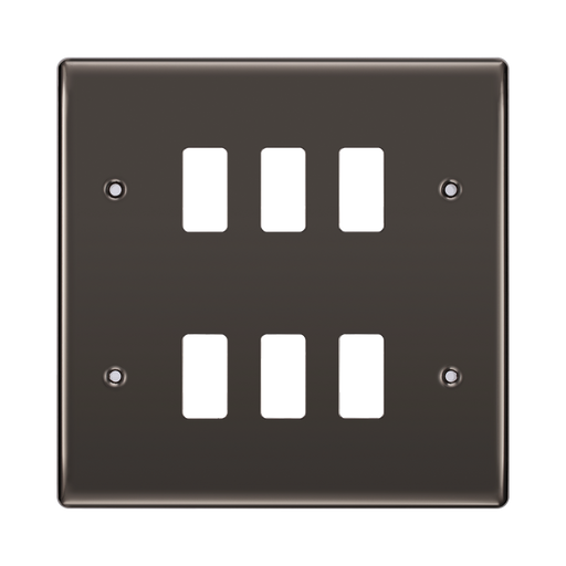 Black wall plate with six white rocker switches on a white background