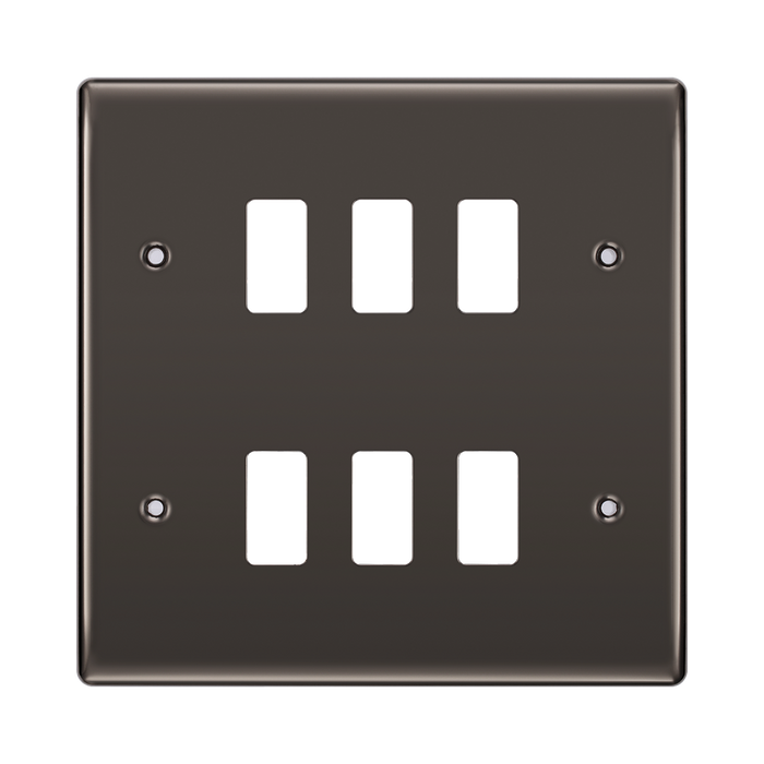 Black wall plate with six white rocker switches on a white background