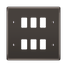 Black wall plate with six white rocker switches on a white background
