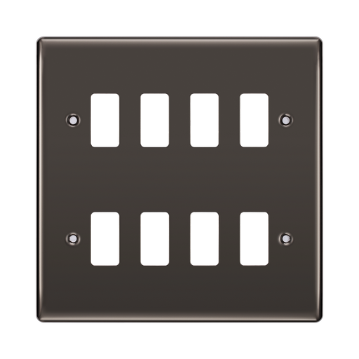 Black wall plate with eight white slots on a white background