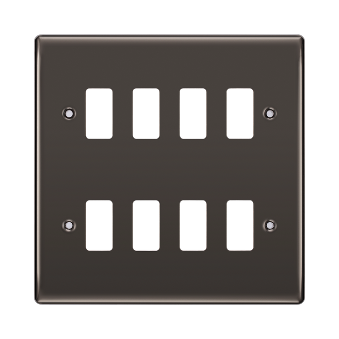 Black wall plate with eight white slots on a white background