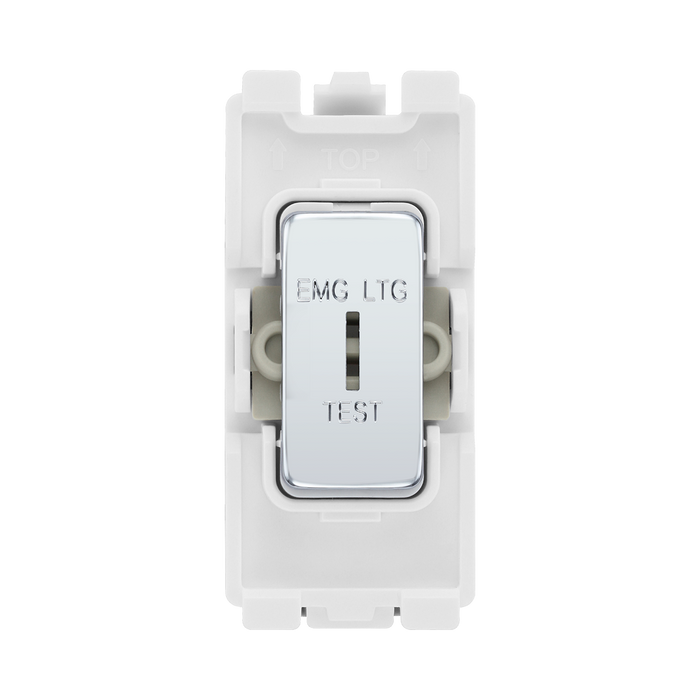 BG Electrical Polished Chrome 20AX 2 Way Key Grid Switch Printed 'EMG LGT TEST' RPC12EL – product view 1