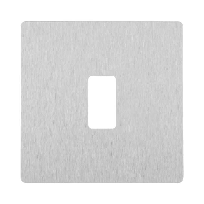Angled view of BG Evolve Brushed Steel 1G Grid Plate