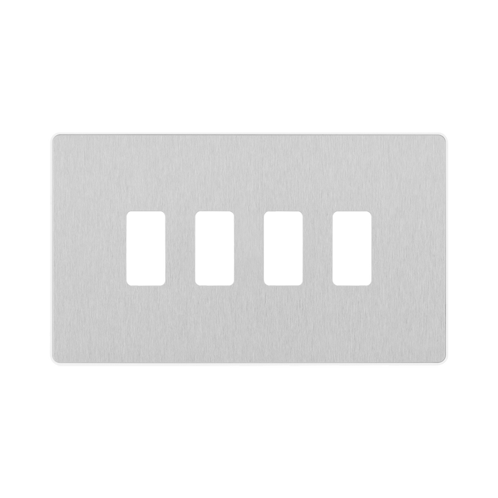 Angled view of BG Evolve Brushed Steel 4G Grid Plate